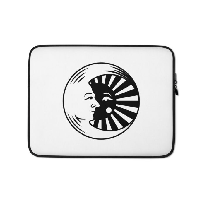 White laptop sleeve measuring 13" with black border and a black and white image of the moon and sun at the center
