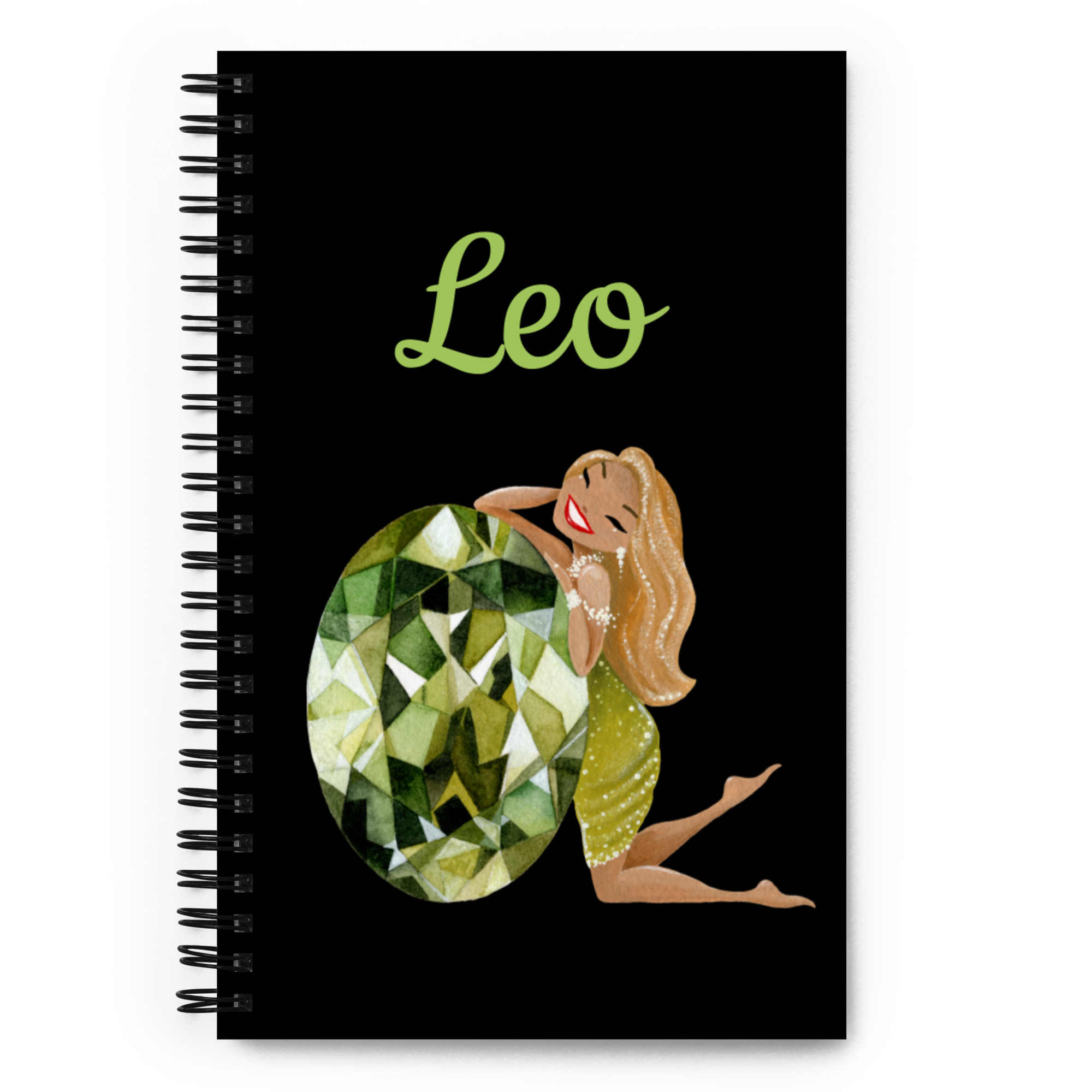 Black notebook with the text "Leo" in green, showing an illustration of a glamorous blonde leaning on a peridot gemstone